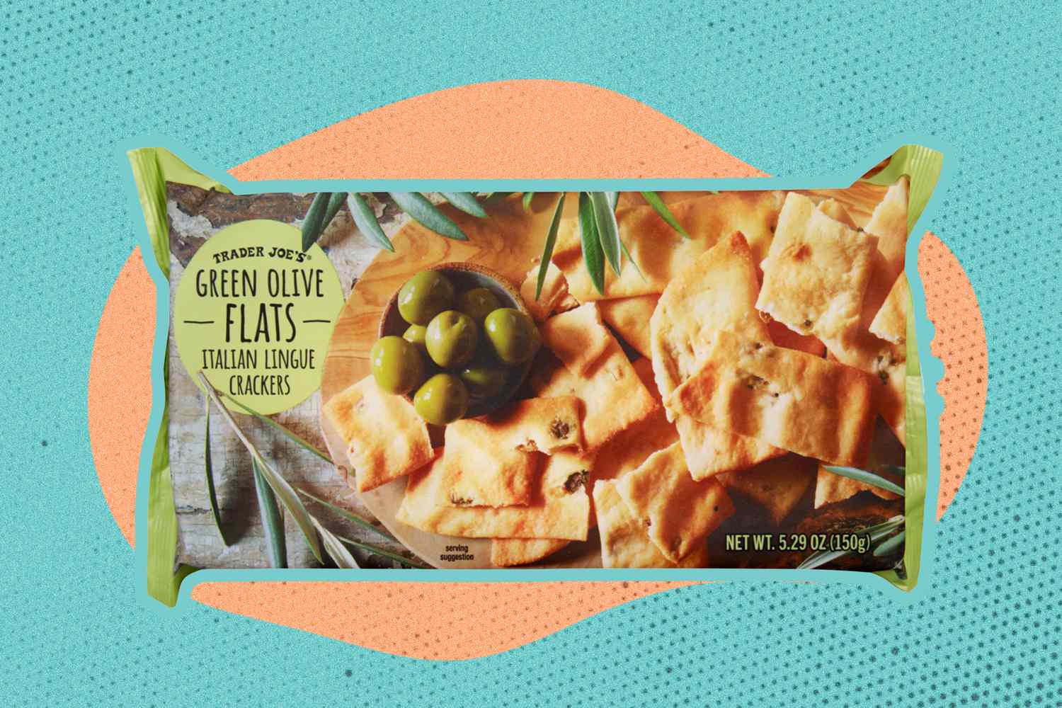 TJ's Green Olive Flats (crackers) package over a colorful background 
