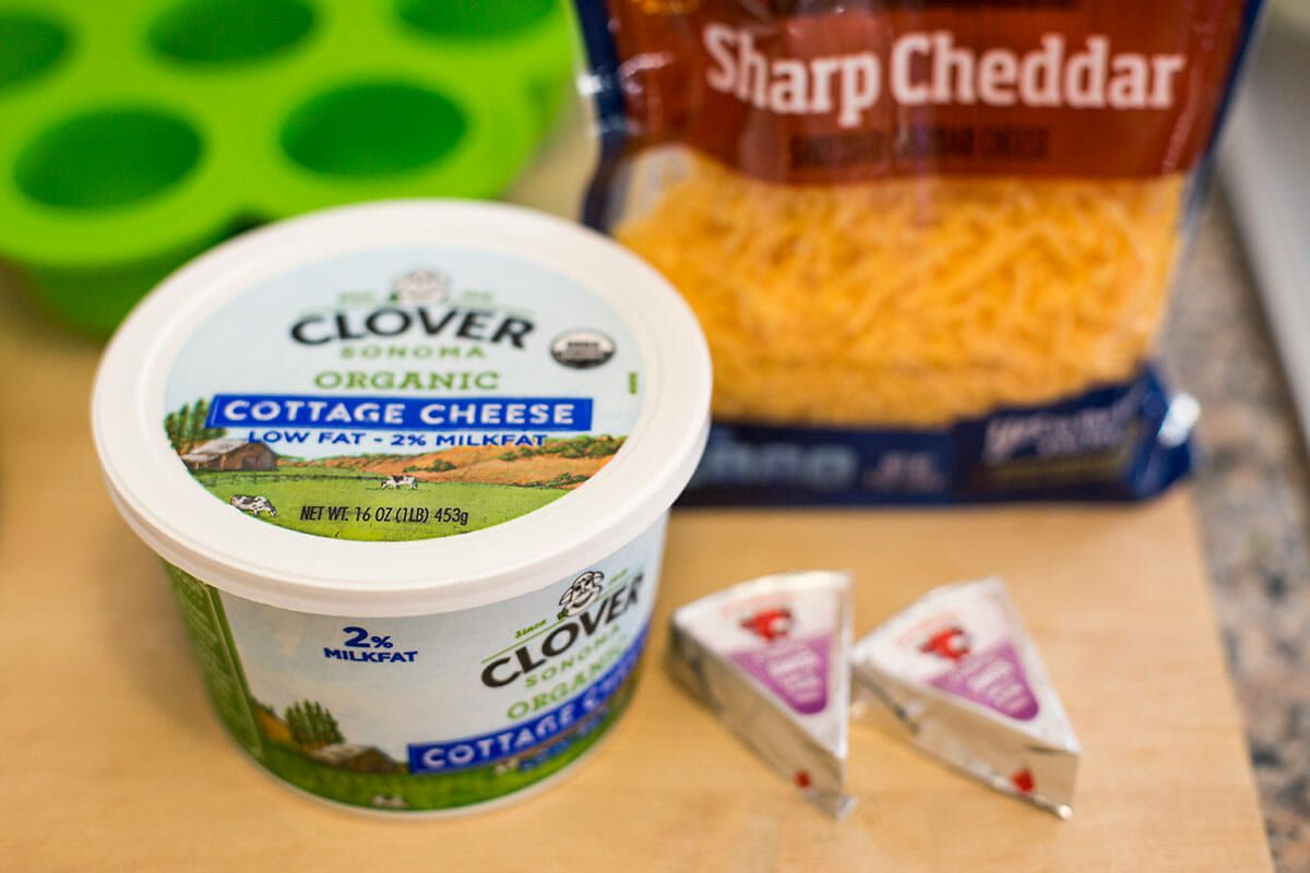 Ingredients for Sous Vide Egg Bites Recipe: cottage cheese, soft cheese, and sharp cheddar