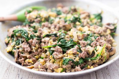 Joe's Special Scrambled Eggs with Spinach, Beef, and Mushrooms