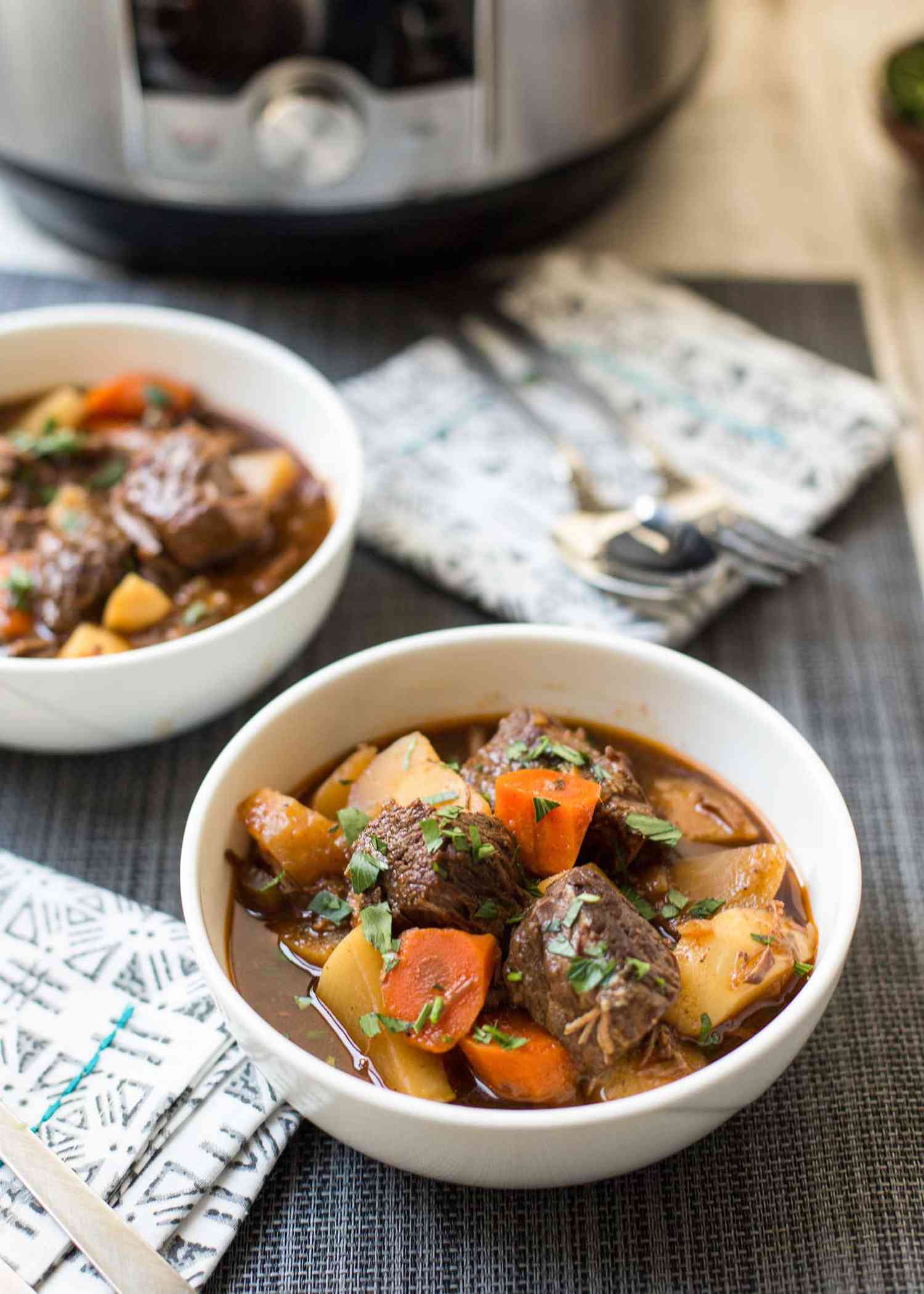 The Best Instant Irish Pot Beef Stew served in white bowls
