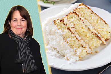 Headshot of Ina Garten next to a photo of a slice of coconut cake on a white plate