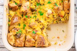 Bagel breakfast casserole in the dish
