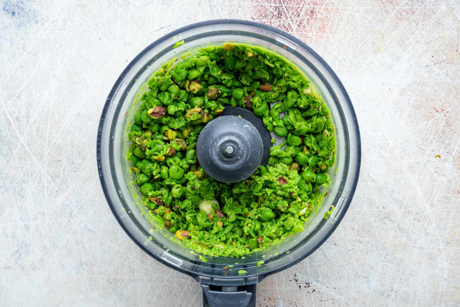 Ingredients After Pulsed a Couple of Times in the Food Processor for Pea Pesto Recipe 