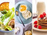 Three images side by side of recipes that use buttermilk. To the left is a bowl of salad with buttermilk dressing, the middle image is a plate with a bisuit spread with butter and jam, the farthest right is a plate of buttermilk pancakes topped with syrup and raspberries.