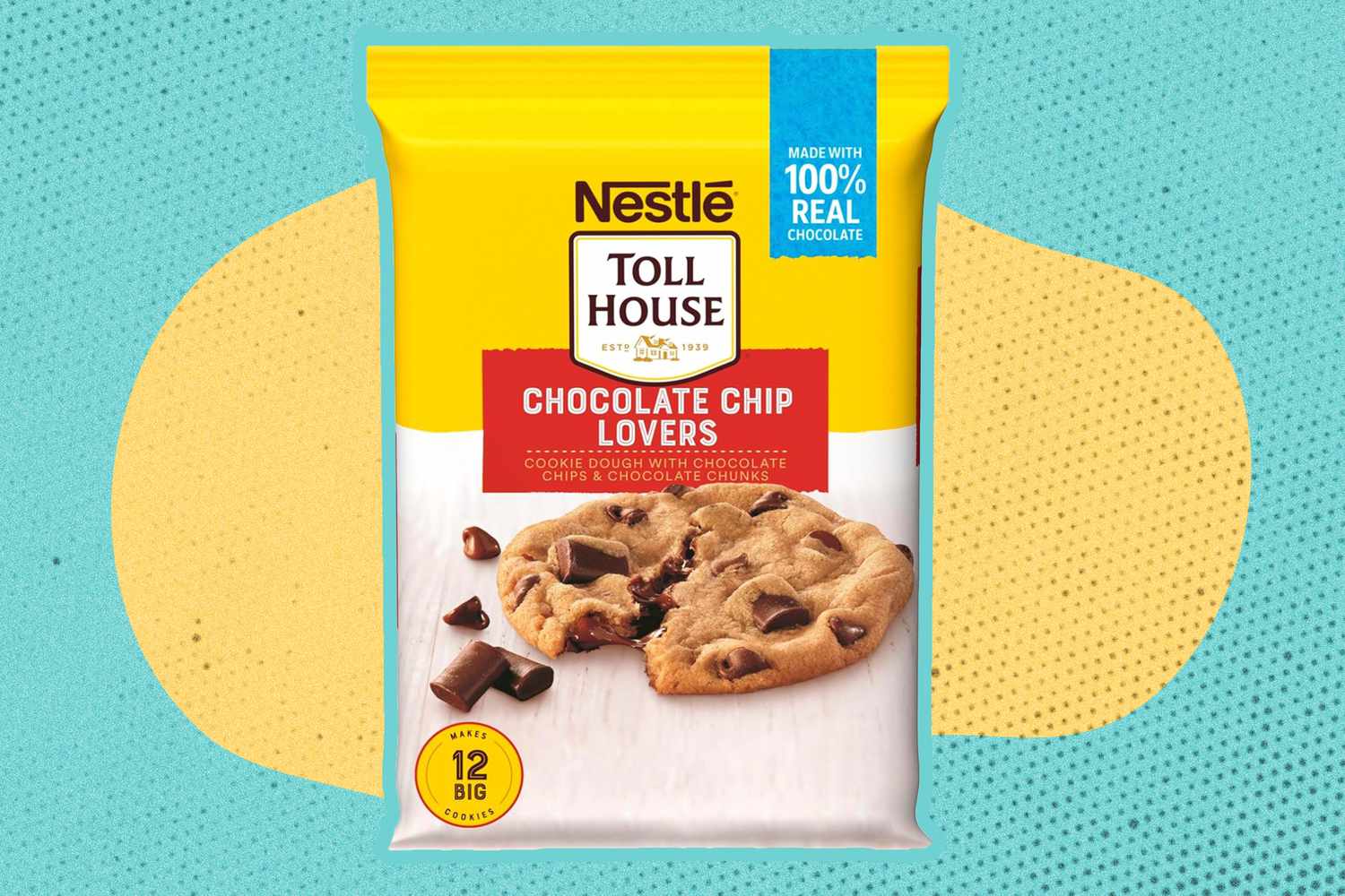 A Nestle Toll House chocolate chip cookie dough package on a yellow and light blue illustrated background