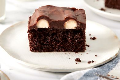 Bumpy cake on a small plate with cross-section facing forward