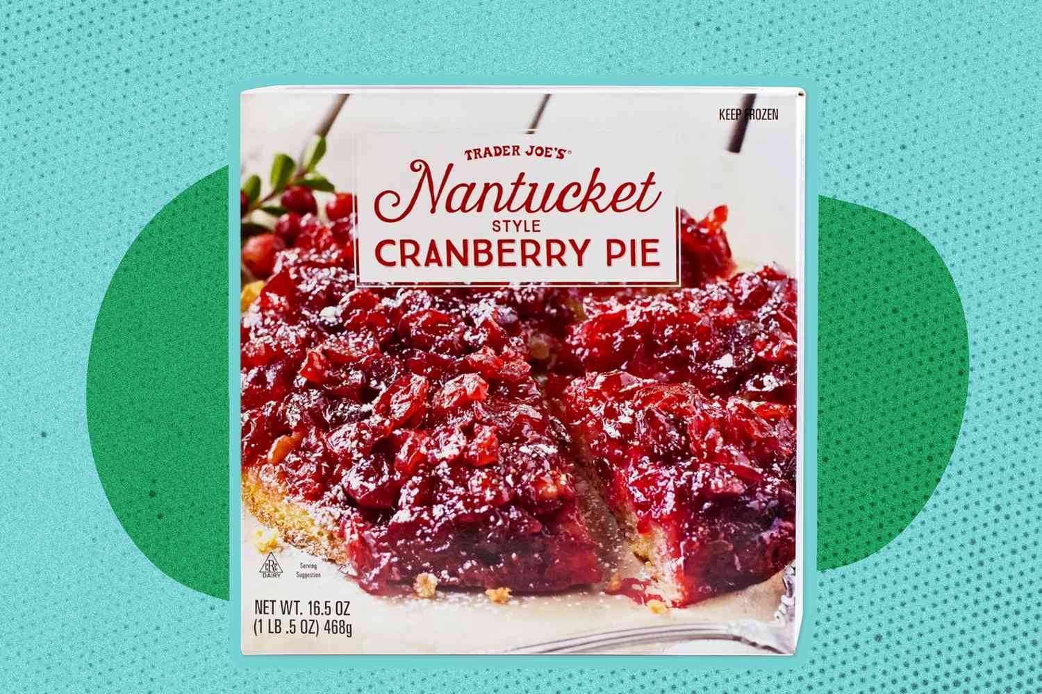 Trader Joe's Nantucket Style Cranberry Pie box on an illustrated background