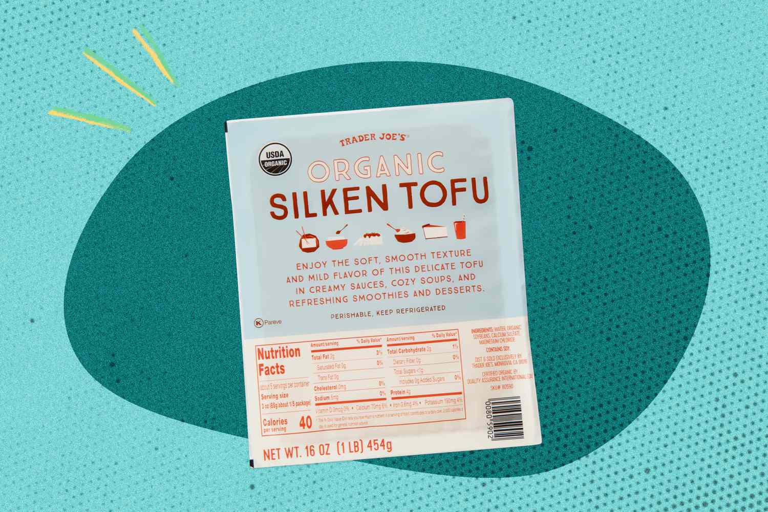 A package of Trader Joe’s organic silken tofu on a teal background