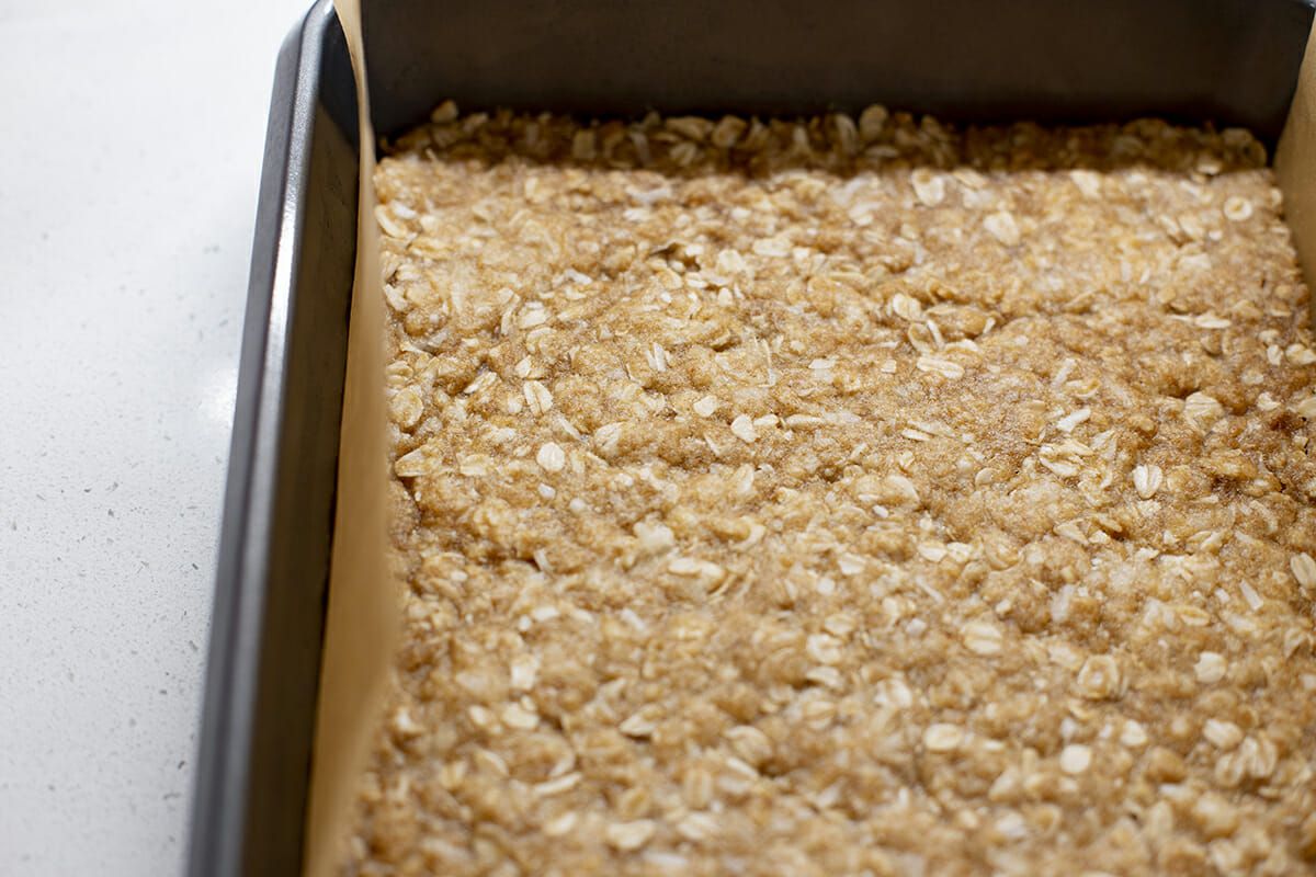 Caramel Chocolate Oatmeal Bars - oatmeal bars in pan