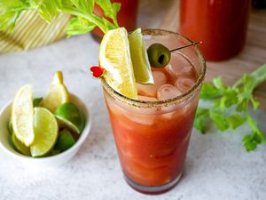 Homemade Bloody Mary mix served in a tall glass.