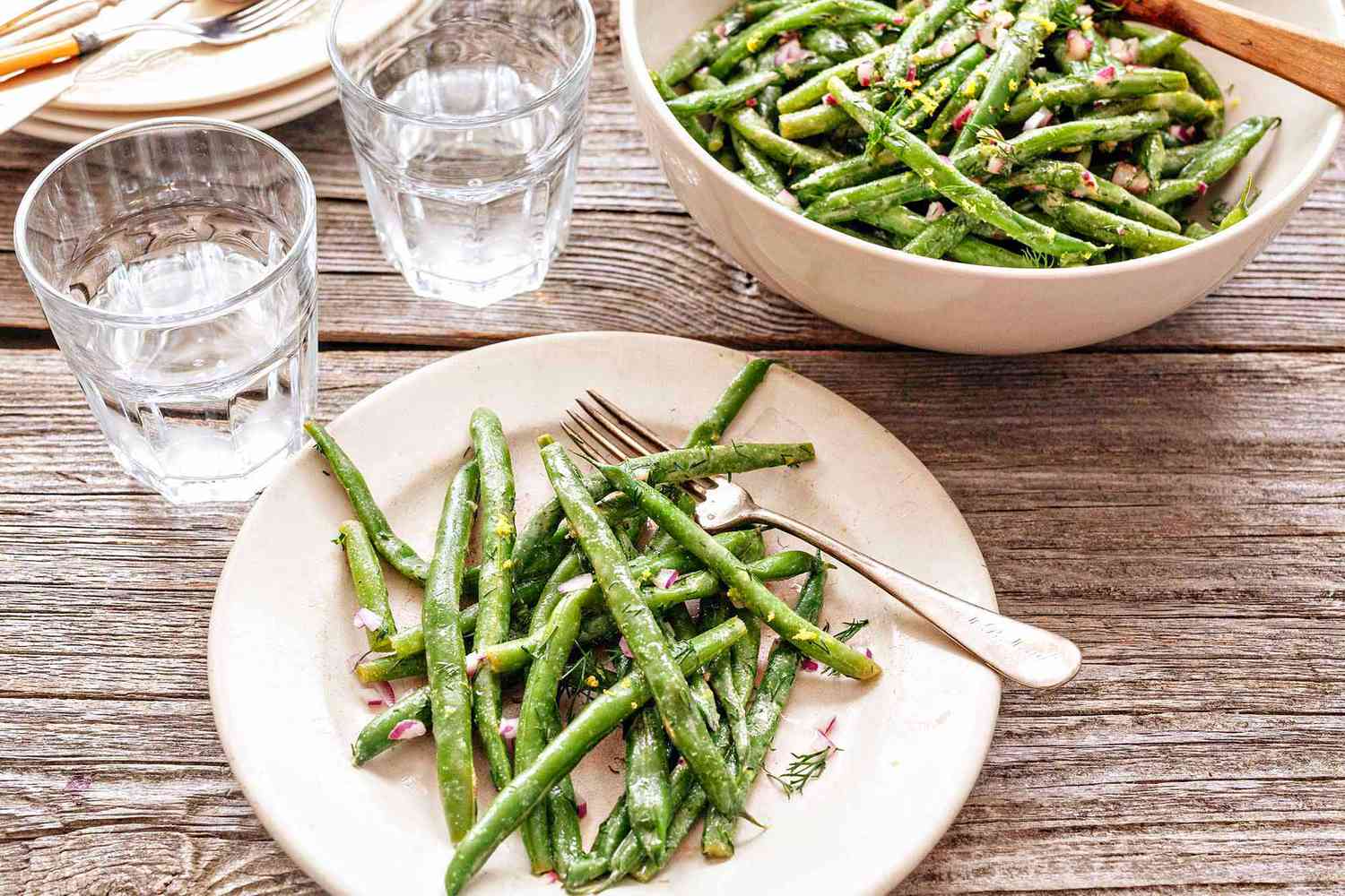 Easy Green Bean Side with Dill and Lemon - green beans on a plate with a fork