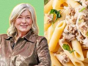 Martha Stewart next to a plate of pasta with tuna