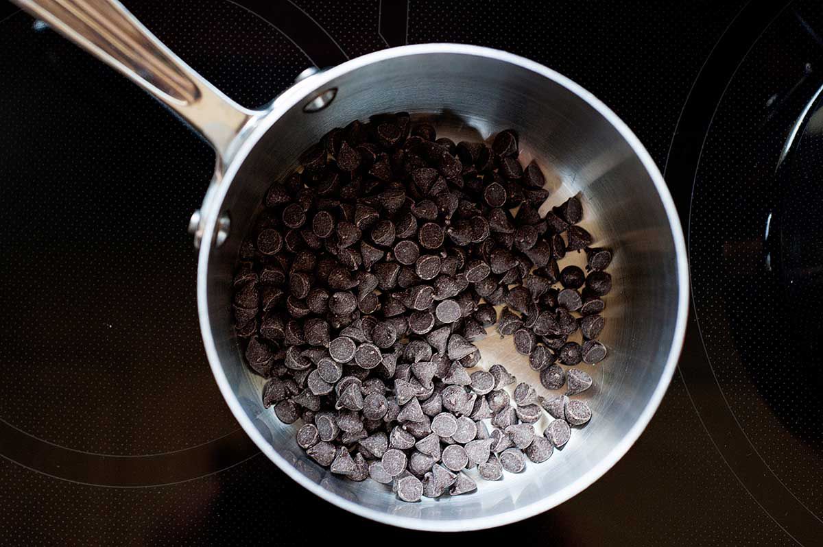Vanilla Ice Cream with Chocolate and Marshmallows - chocolate chips in a pot