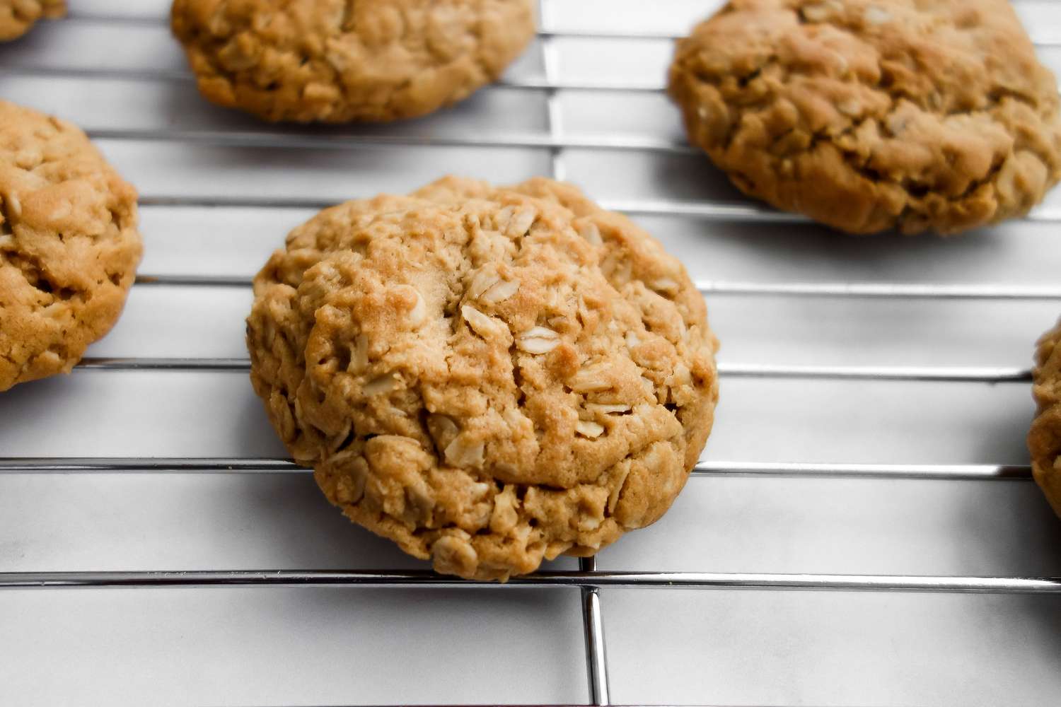Chewy Peanut Butter Oatmeal Cookies on a Cooling Rack