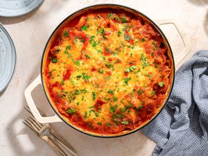 overhead view of Tortellini Pasta Bake in a baking dish