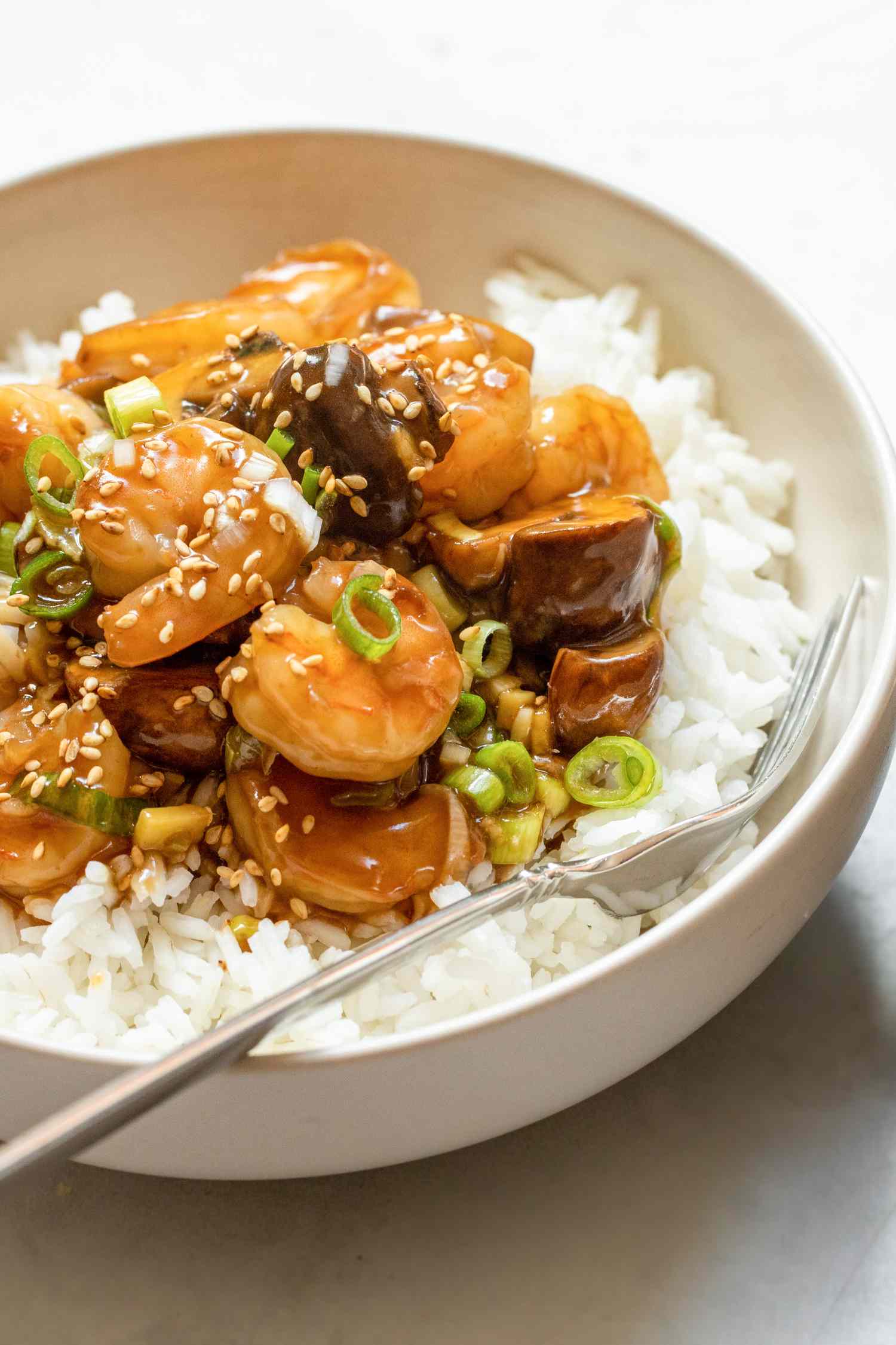 Shrimp and Mushroom Stir Fry Served over Rice