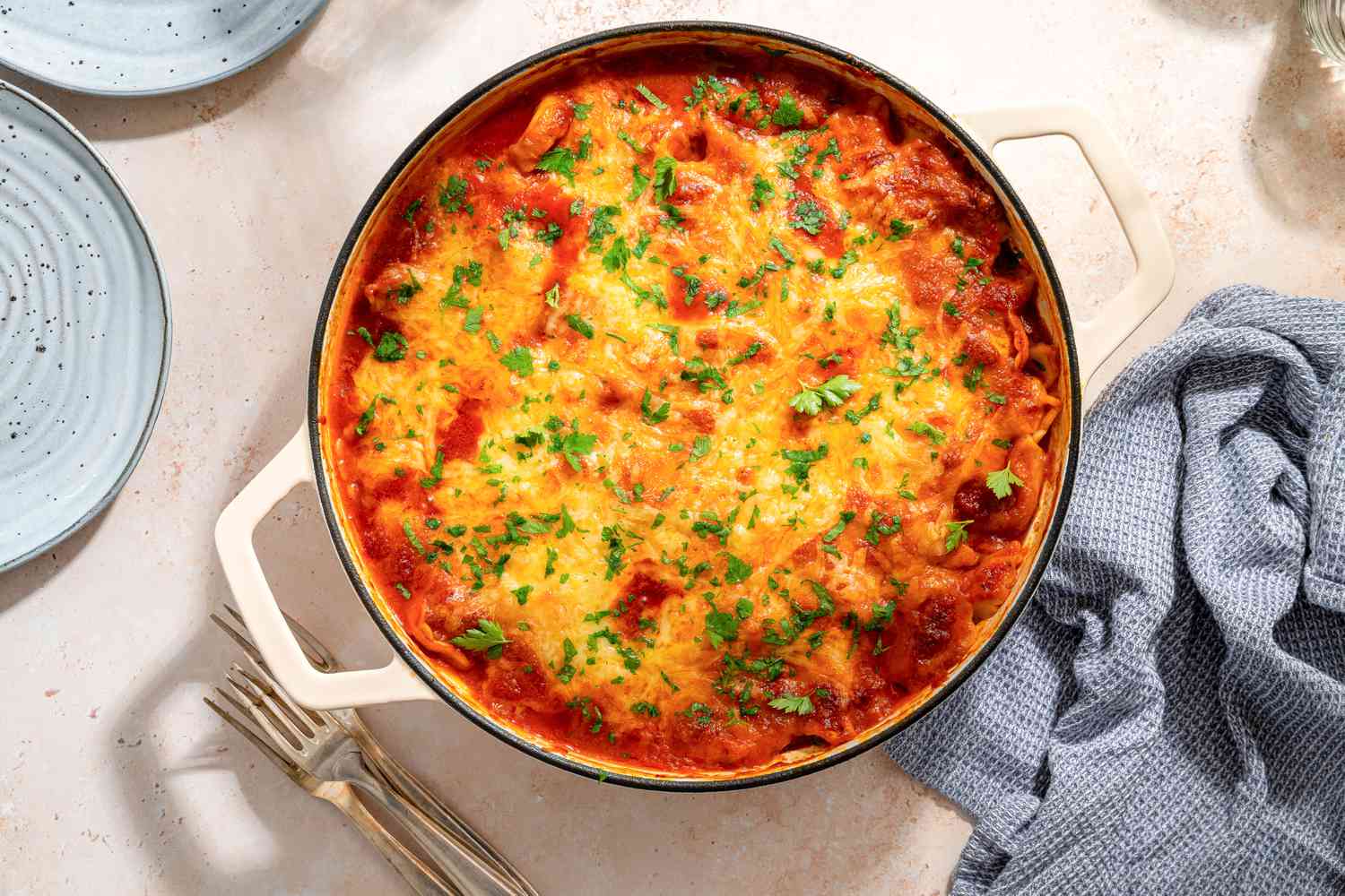 overhead view of Tortellini Pasta Bake in a baking dish