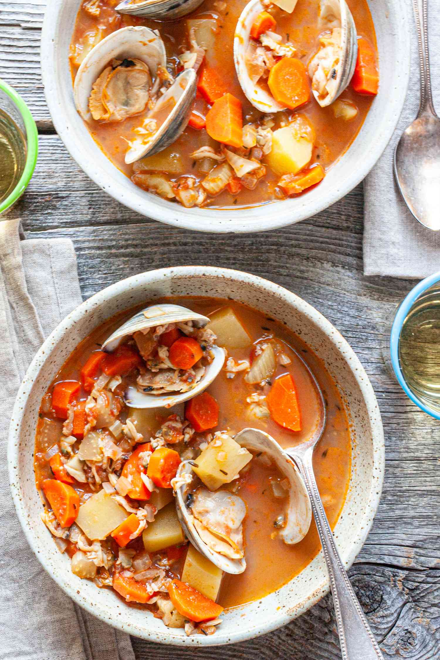 Two bowls of Manhattan Clam Chowder