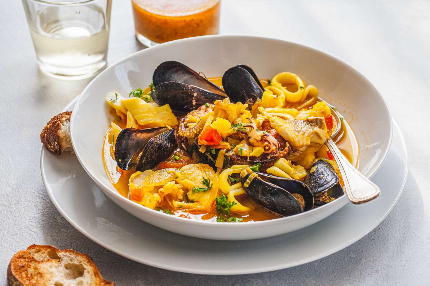 A place setting of seafood bouillabaisse, rouille sauce, and bread.