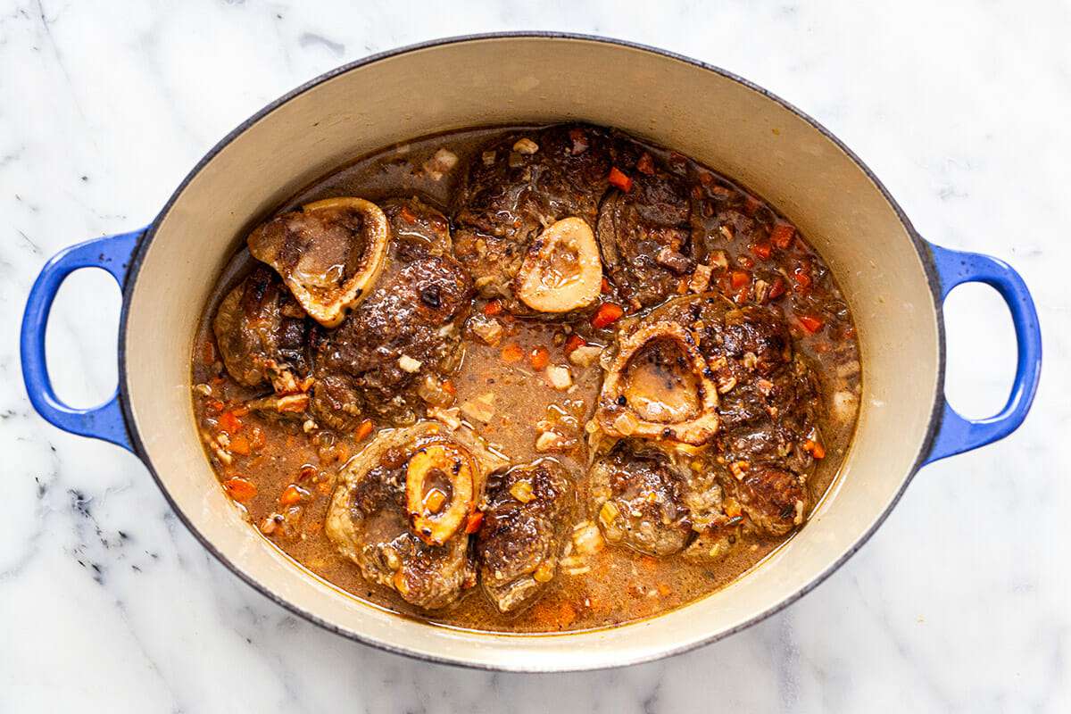 Cooked ossobucco in a dutch oven.