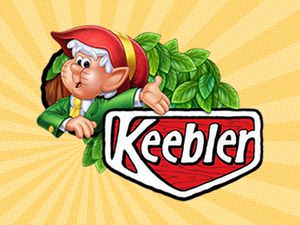 Keebler Elf mascot beside the Keebler logo with a background of yellow radial lines