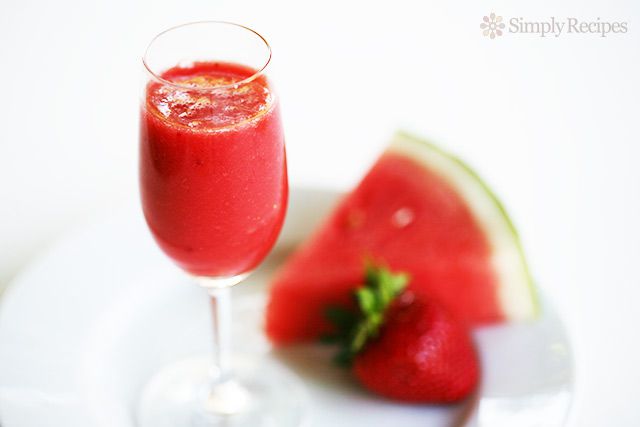 watermelon agua fresca with strawberry in glass