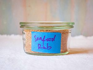 All Purpose Spice Rub for Fish and Seafood - labeled glass jar with spice rub