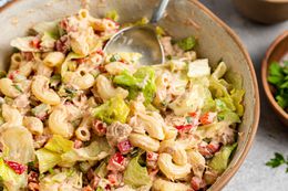 Tuna macaroni salad in a serving bowl.