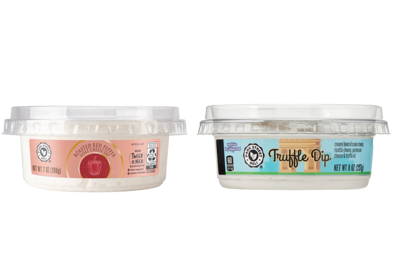 Front view of a 7 ounce container of Park Street Deli Roasted Red Pepper goat cheese dip next to an 8 ounce container of Park Street Deli truffle dip on a white background