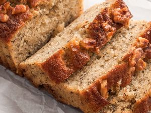 Closeup view of a sliced banana bread