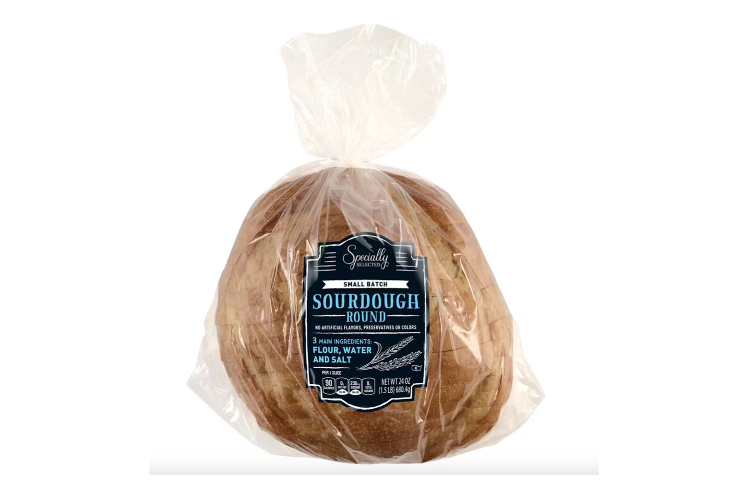 A packaged sourdough bread loaf with a clear wrapper and a label identifying it as Sourdough Round