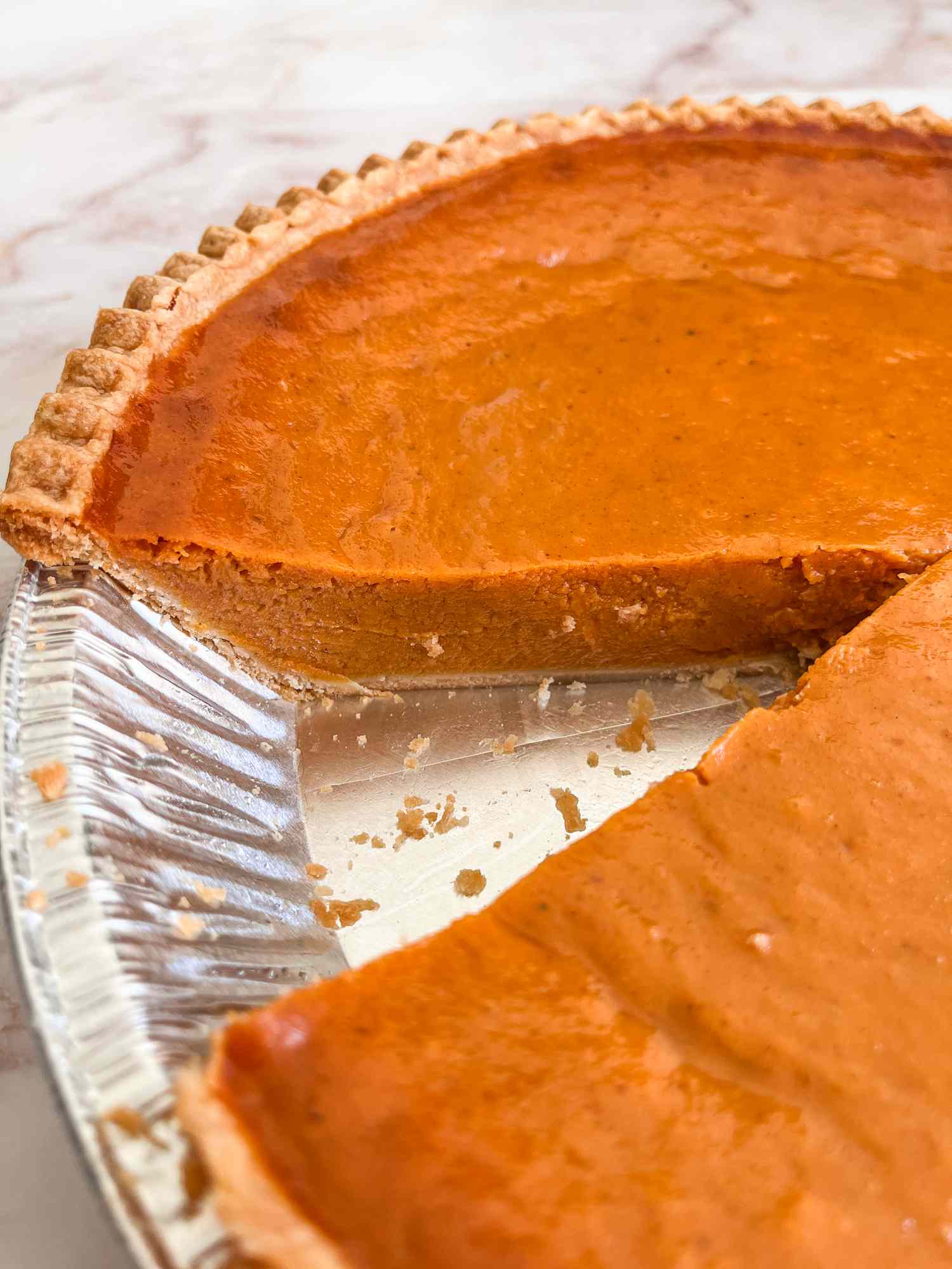 Costco pumpkin pie in a pie tin