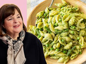 Ina Garten beside a plate of pasta with peas and asparagus, showcasing a recipe
