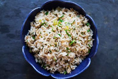 Rice Pilaf resting in a blue bowl