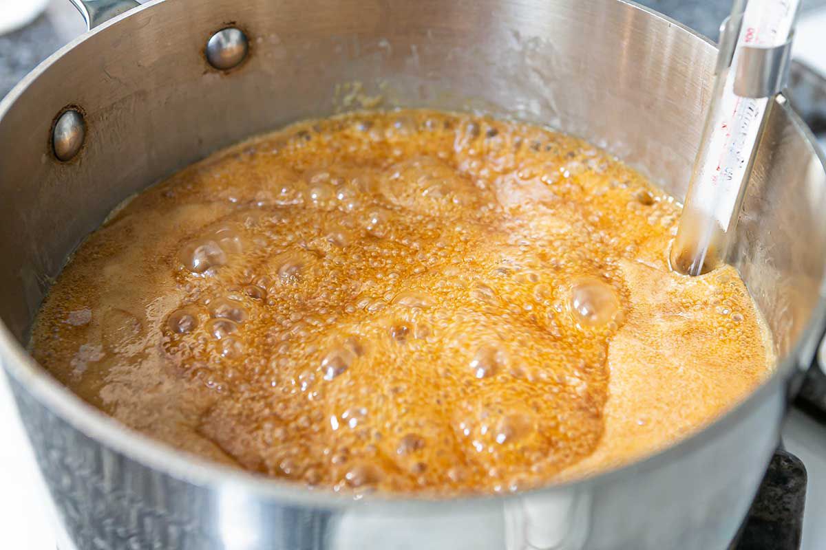 Caramel Apples boiling caramel in a pot