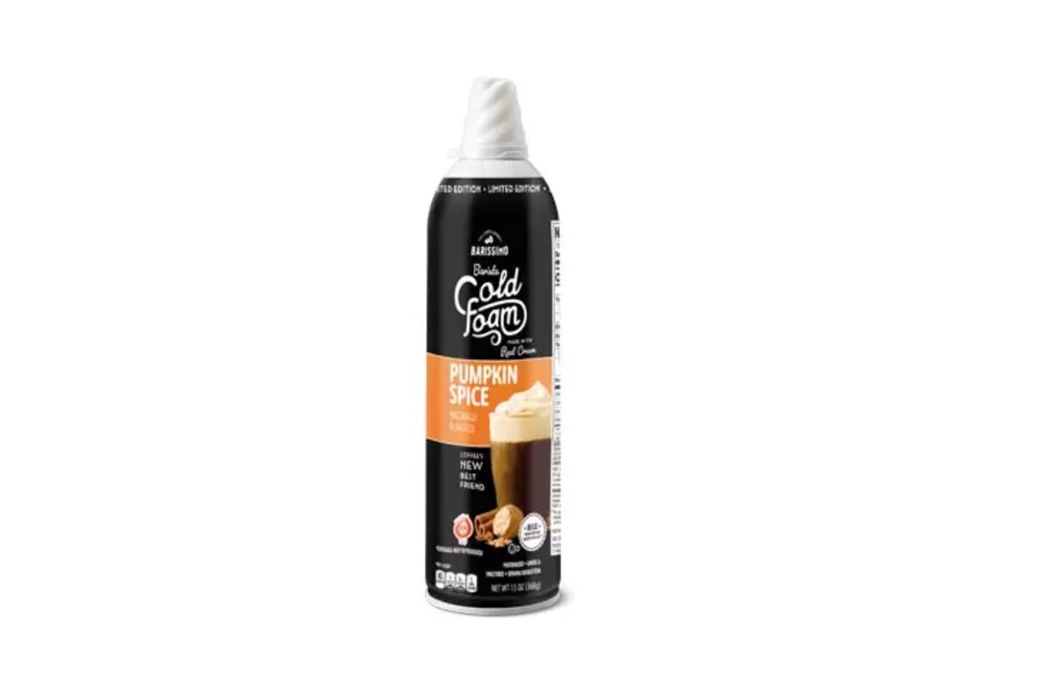 Front view of a container of Barissimo Pumpkin Spice Cold Foam from Aldi
