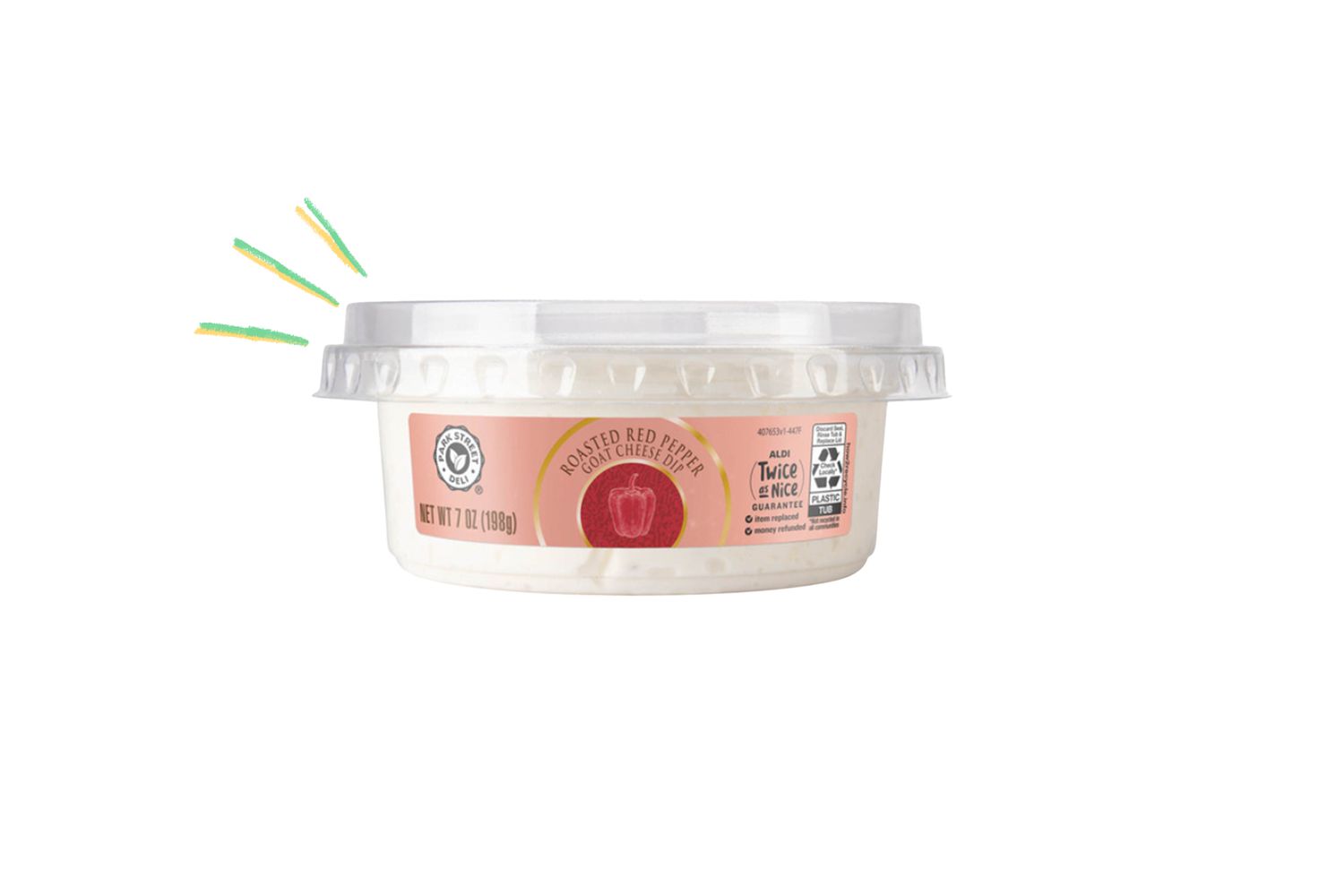 Front view of a 7 ounce container of Park Street Deli Roasted Red Pepper goat cheese dip on a white background
