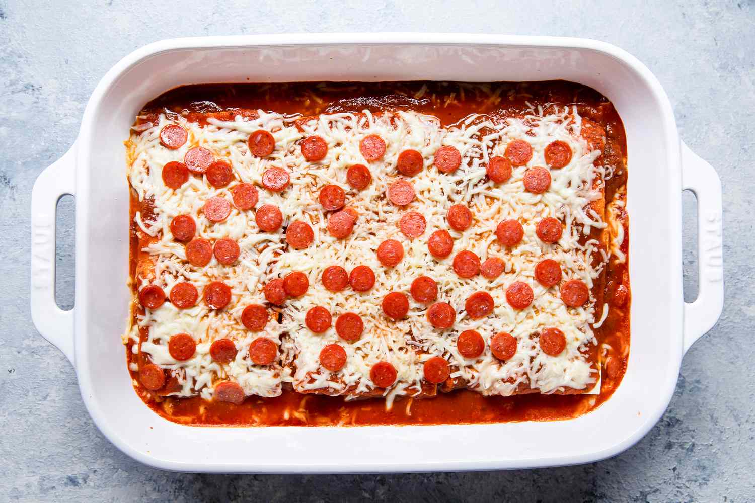 Pepperoni Pizza Lasagna After Foil Removed From Casserole Dish