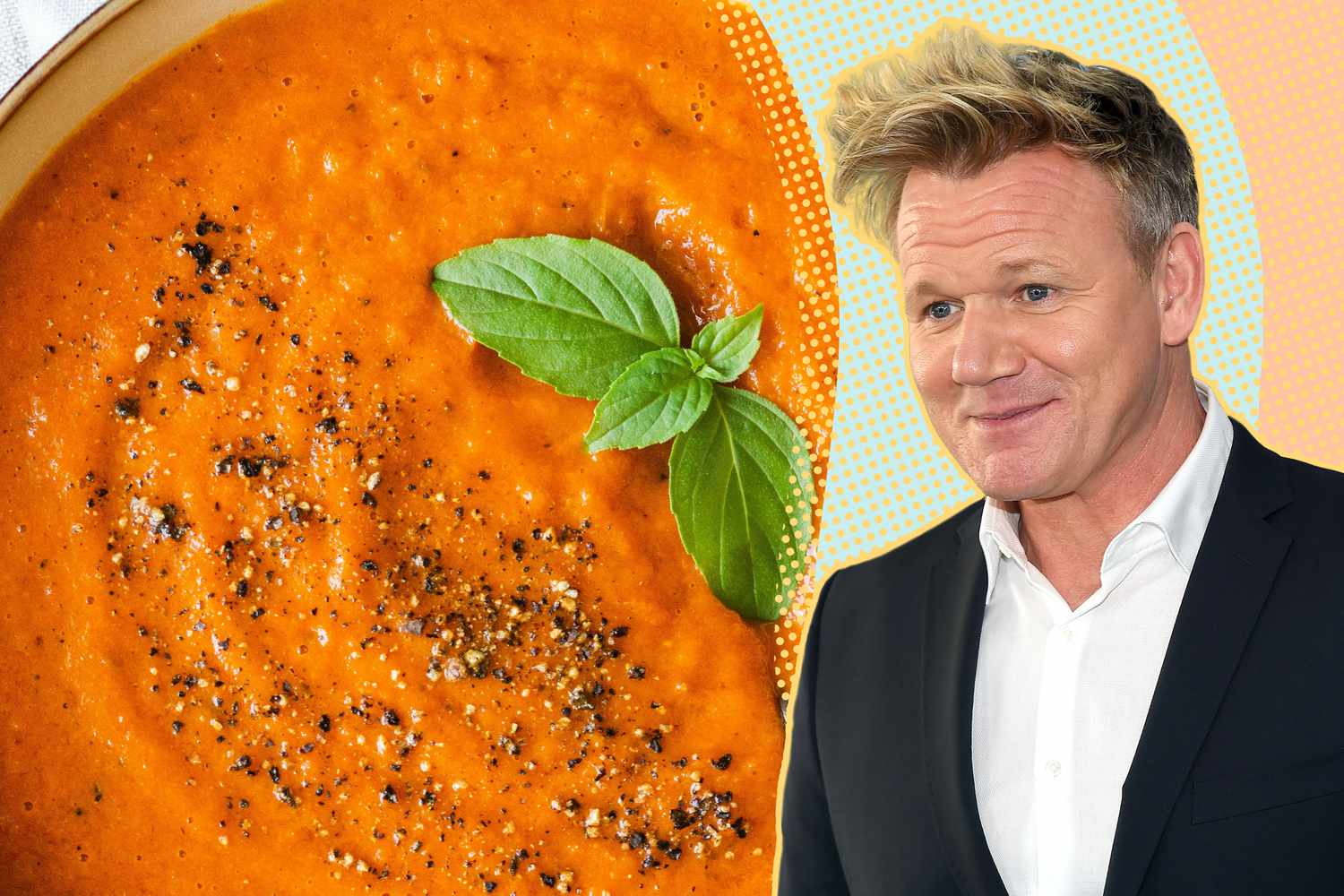 A spkit image of a bowl of tomato soup and Gordon Ramsey