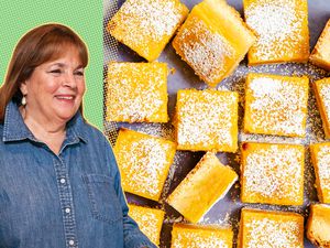 Ina Garten cut-out on a green and yellow background next to a photo fo lemon bars