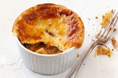 Cajun turkey pot pie in a ramekin.