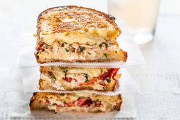 Grilled tuna sandwich cut in half and stacked on top of each other. The bread is toasted and tuna, melted cheese and tomatoes are visible in the filling.