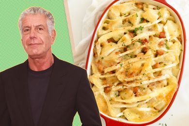 A split image of Anthony Bourdain and a baking dish with his potato recipe