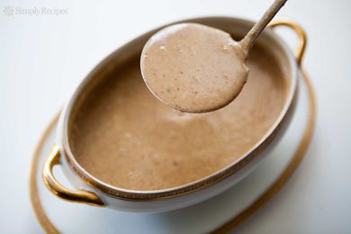 Giblet gravy in a serving dish