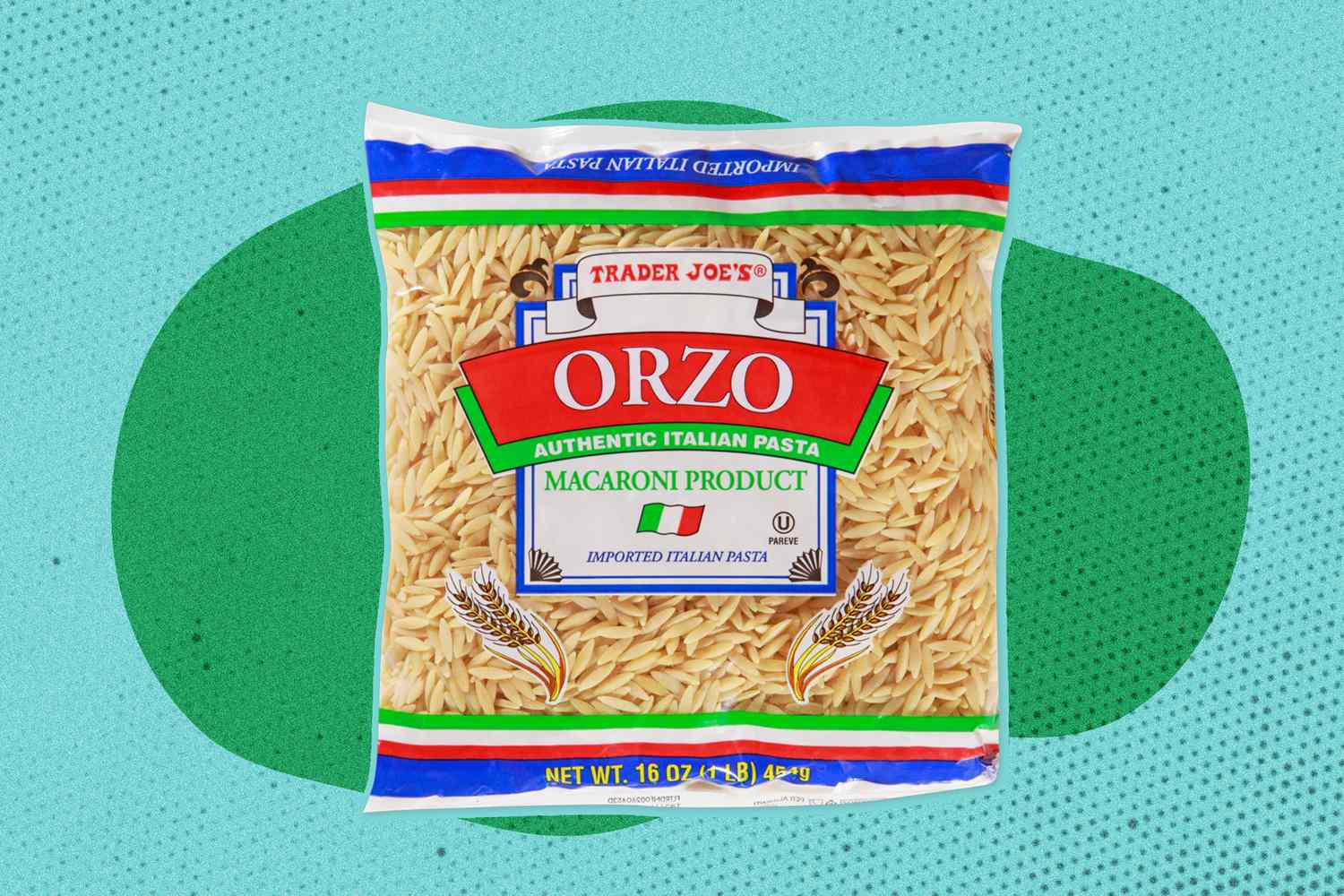 A bag of Trader Joe's orzo on an illustrated background