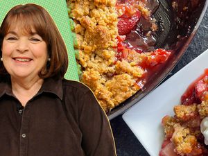 A split image of Ina Garten and a dessert dish with fruit crumble