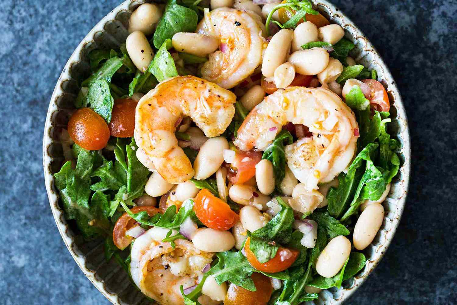 Shrimp, Arugula, White Bean, and Cherry Tomato Salad