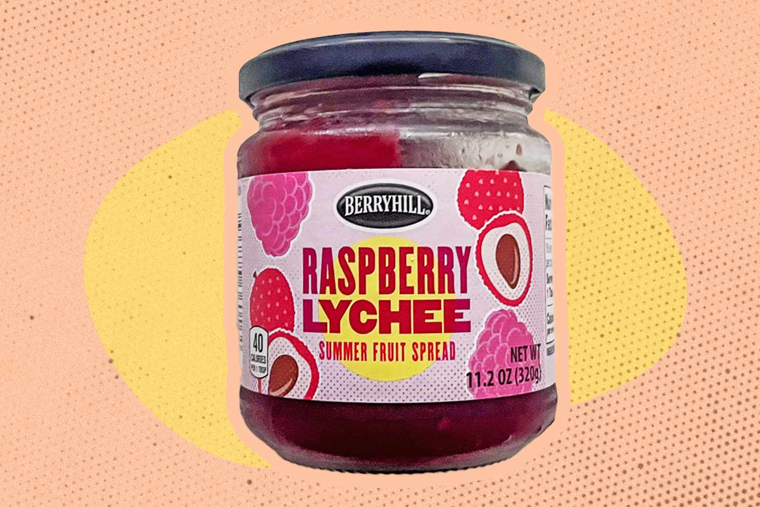 Berryhill raspberry lychee jam jar over a colorful background