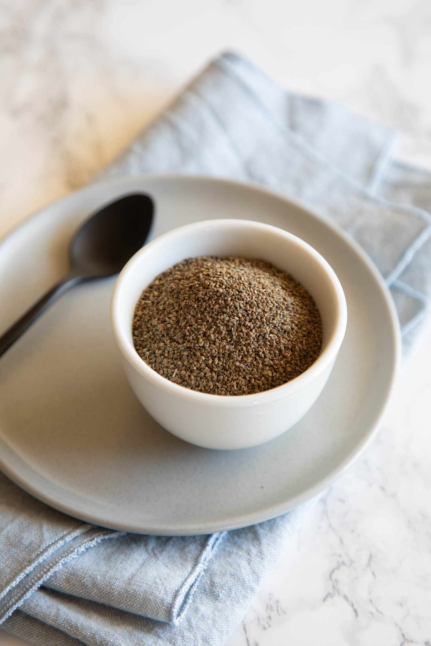 A white bowl on a grey plate filled with celery seed spice