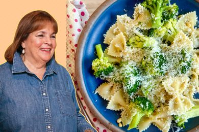 A split image of Ina Garten and a blue plate with her broccoli pasta recipe
